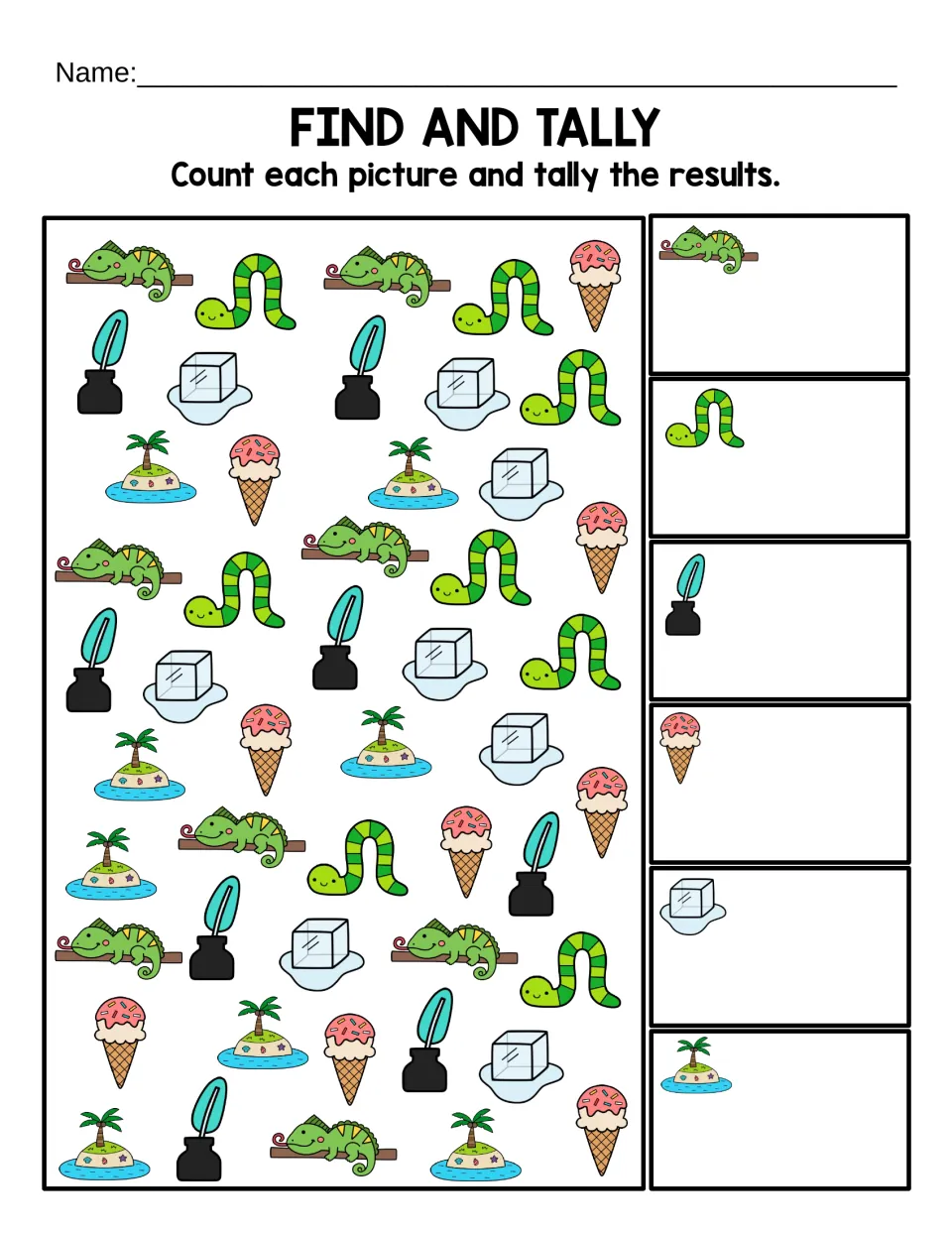 Color Find and Tally activity: count iguanas, inchworms, ink, ice cream, ice, and islands and record tallies.