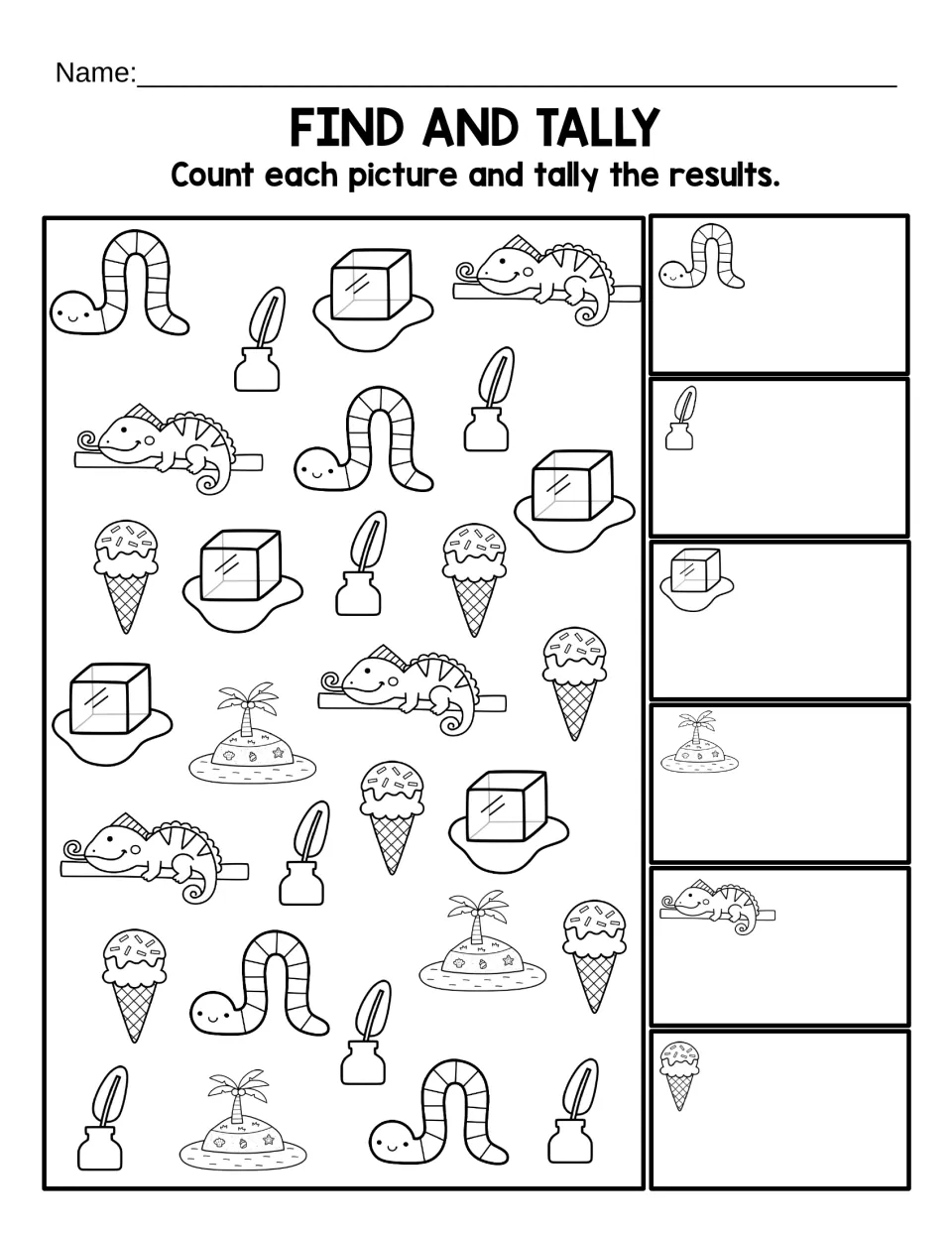 Black-and-white Find and Tally activity: count inchworms, ink, ice, islands, iguanas, and ice cream.