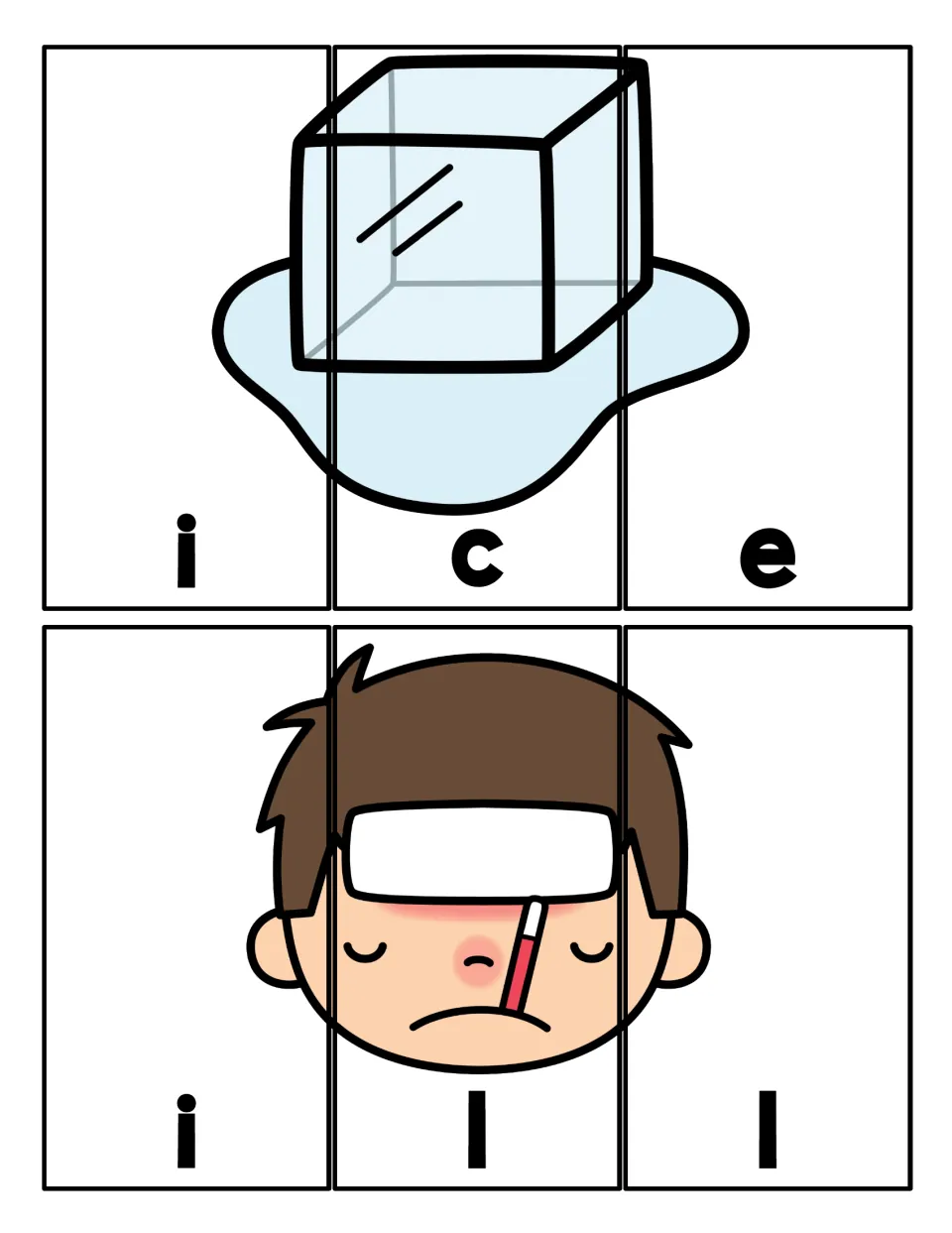 Short i words ice and ill: students order three letter strips to rebuild an ice cube and a sick boy and spell each word