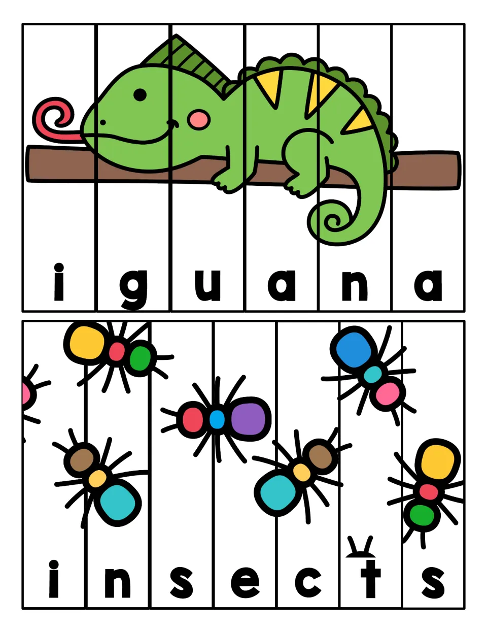 Iguana and insects puzzles: students cut apart the letter strips and put the picture back together to spell each word