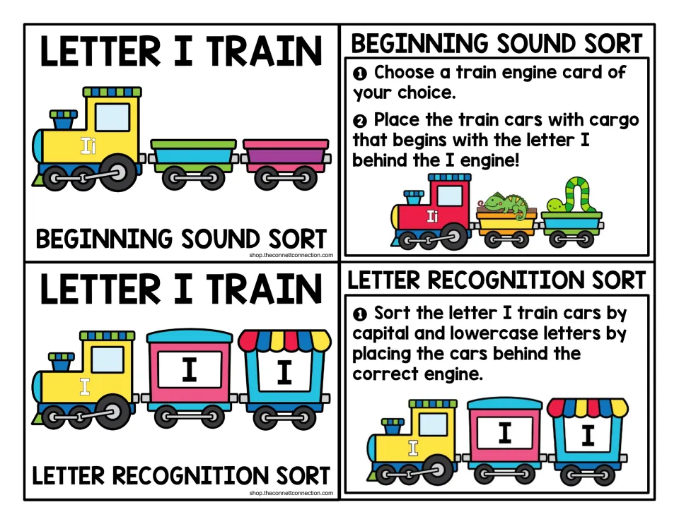 Letter I train title and direction cards: sort cargo cars by beginning sound I, and sort capital and lowercase I cars