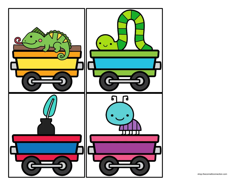 Short I cargo car cards: iguana, inchworm, ink bottle and insect, for sorting by beginning sound behind an engine