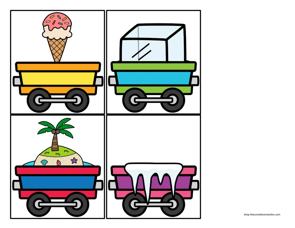 Long I cargo car cards: ice cream cone, ice cube, island and icicles for students to sort by the long I beginning sound