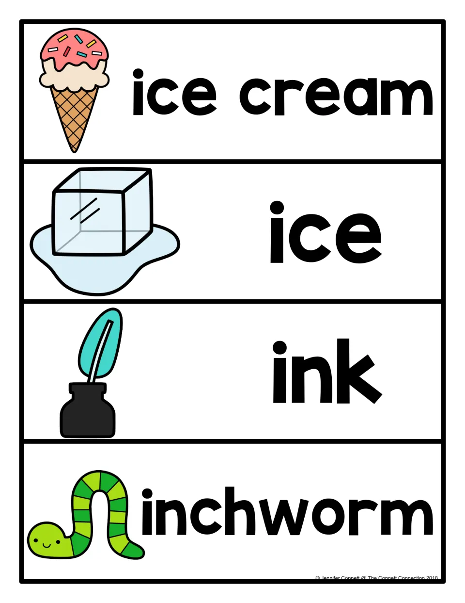 Letter I picture word cards: ice cream, ice, ink and inchworm, each bold word shown beside a matching picture to read