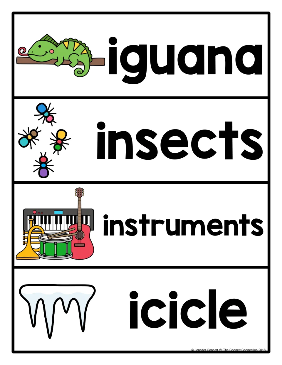 More letter I word cards: iguana, insects, instruments and icicle, each printed in bold beside a picture clue
