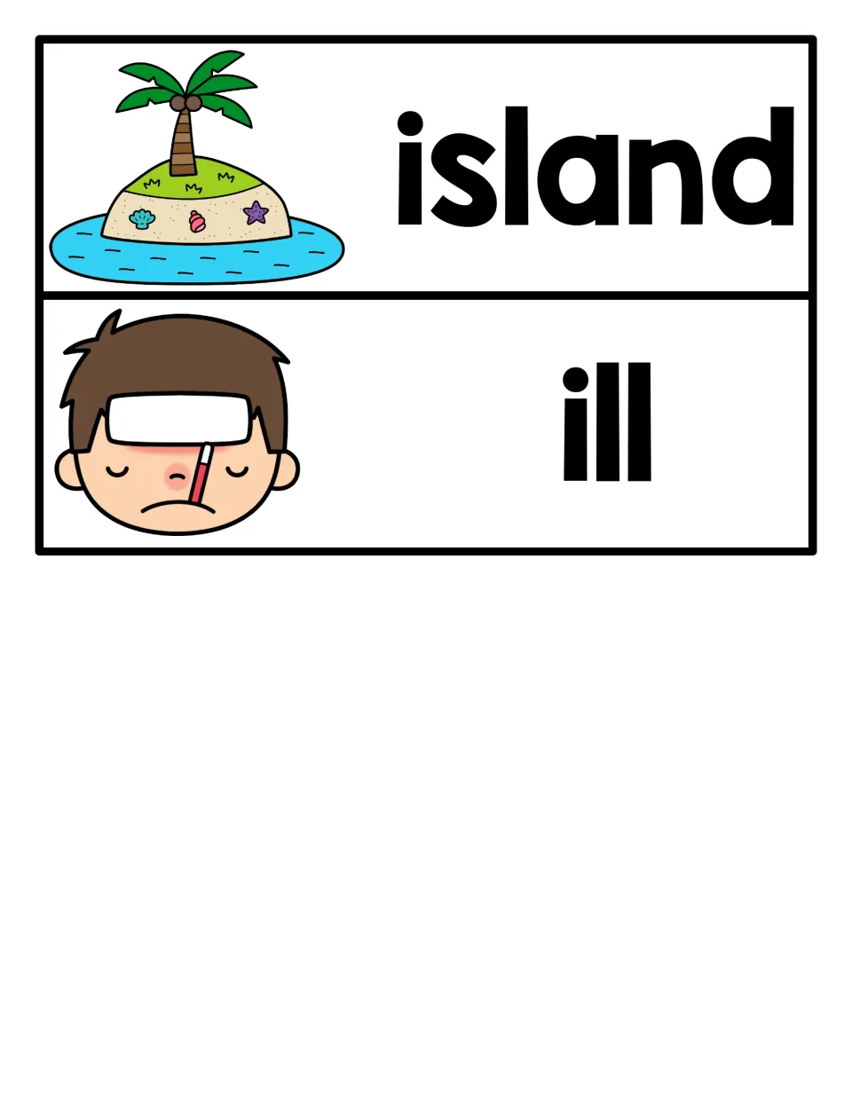 Two final letter I word cards: island with a palm tree picture and ill with a sick child and a thermometer