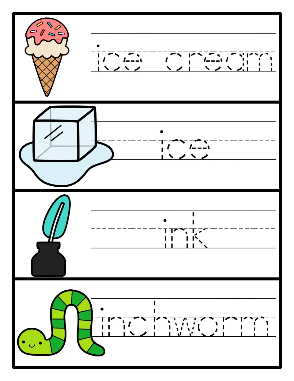 Handwriting practice: students trace dashed ice cream, ice, ink and inchworm on primary lines beside each picture