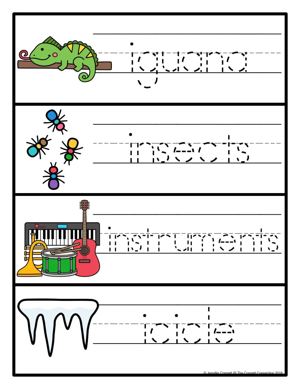 Tracing practice for iguana, insects, instruments and icicle: students trace each dotted word next to its picture