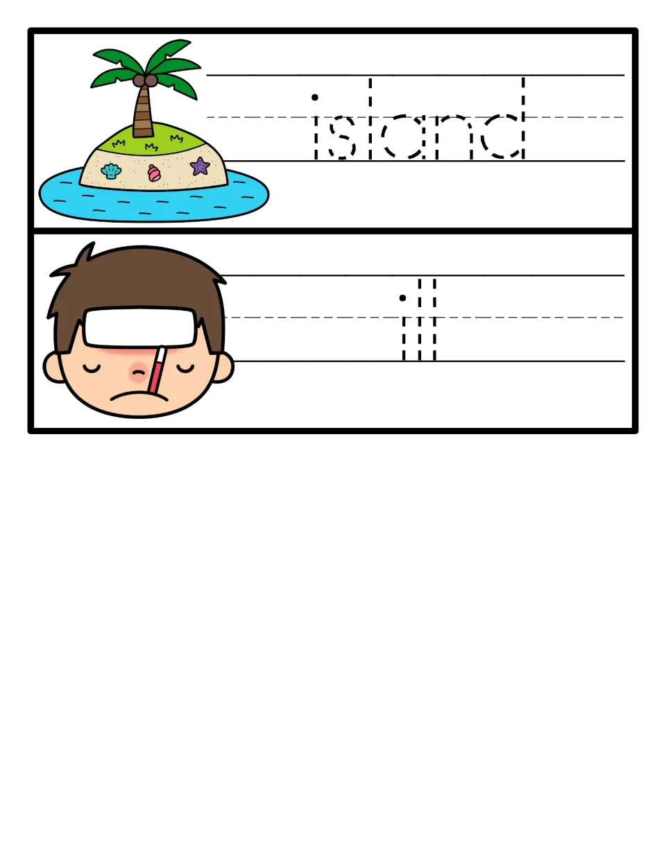 Tracing cards for island and ill: students trace each dashed word on handwriting lines next to its picture clue