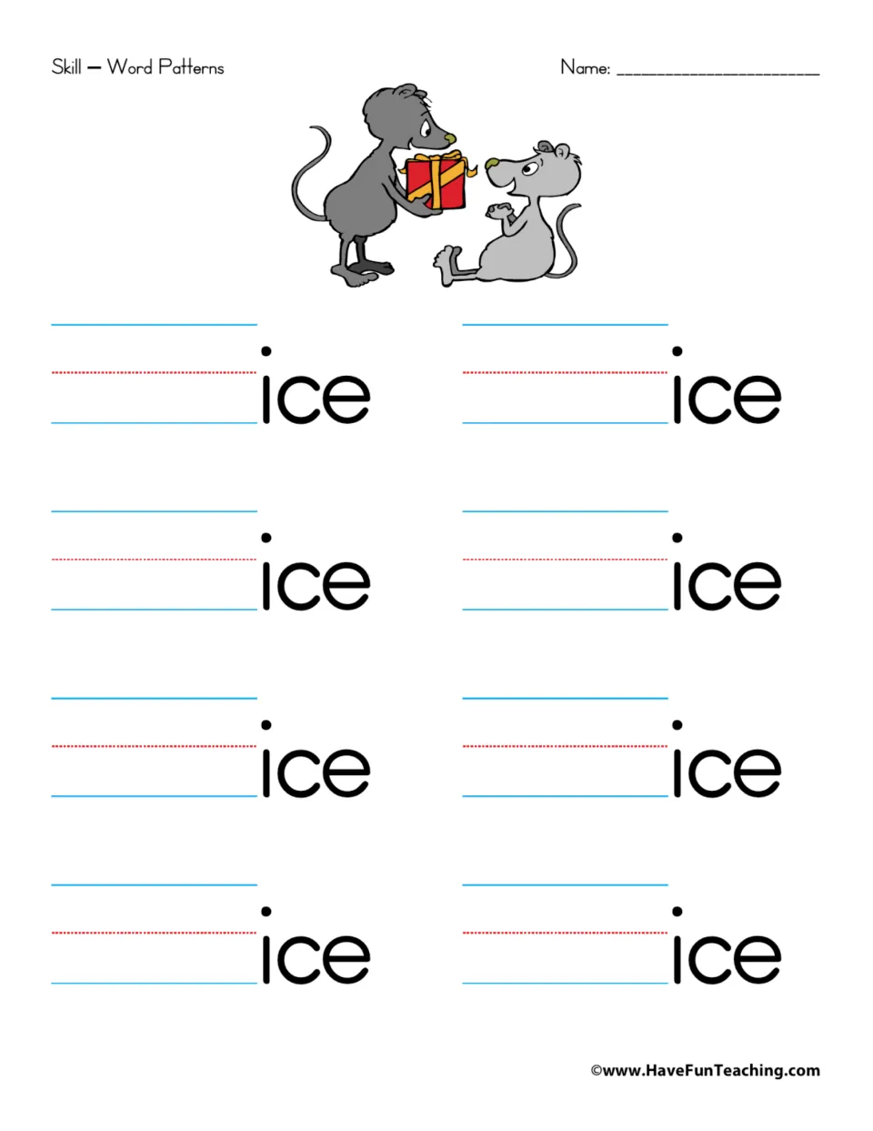 Word family practice for -ice: eight prompts to add beginning sounds and build words ending in -ice.