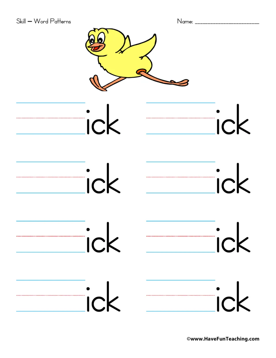 Word family practice for -ick: eight prompts to add beginning sounds and build words ending in -ick.