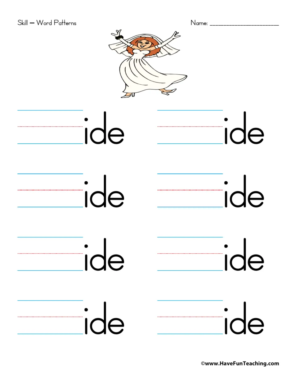 Word family practice for -ide: eight prompts to add beginning sounds and build words ending in -ide.
