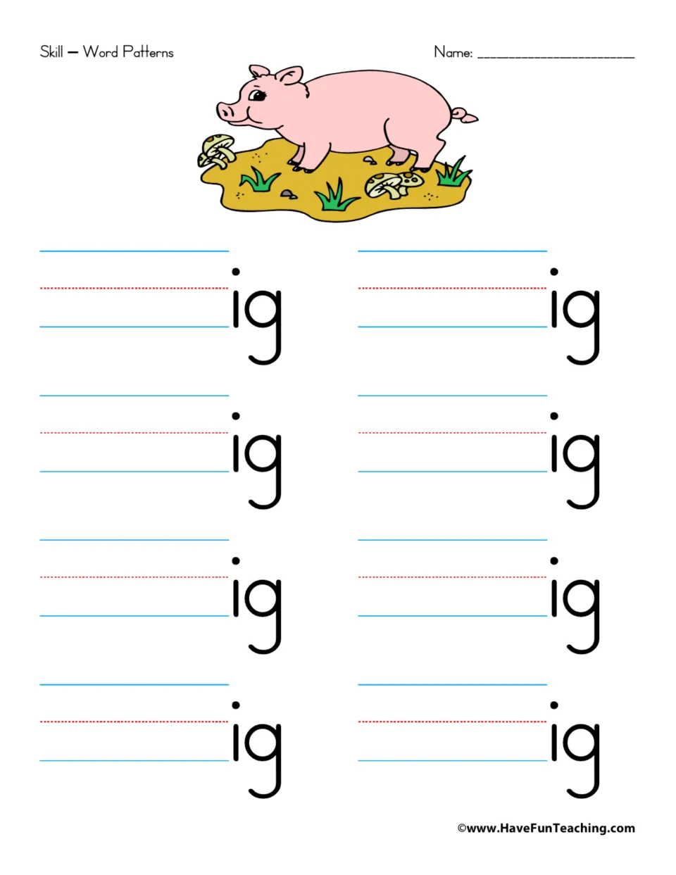 Word family practice for -ig: eight prompts to add beginning sounds and build words ending in -ig.