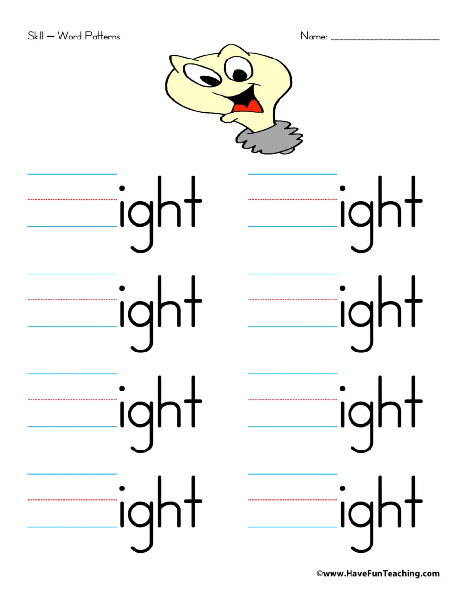 Word family practice for -ight: eight prompts to add beginning sounds and build words ending in -ight.