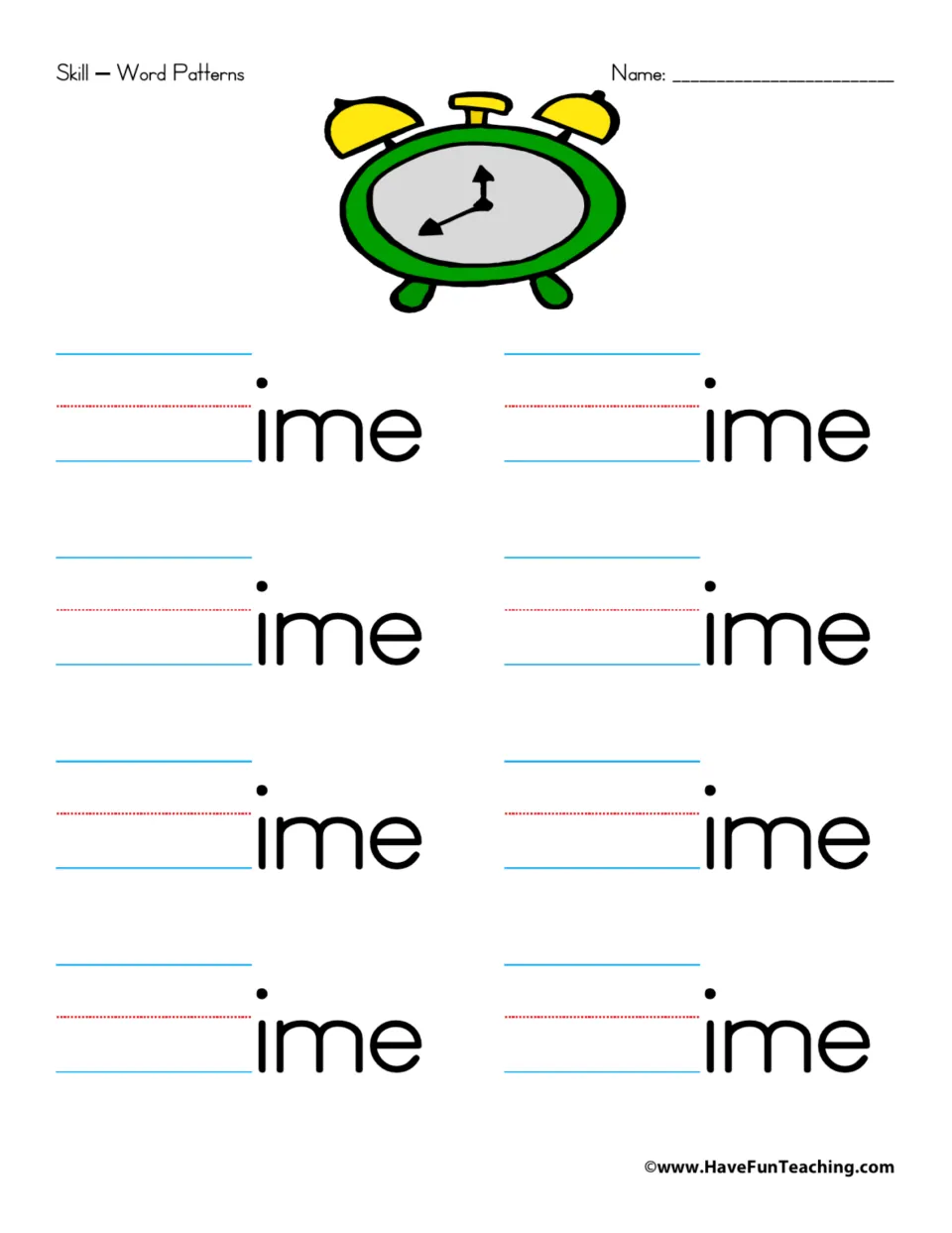 Word family practice for -ime: eight prompts to add beginning sounds and build words ending in -ime.