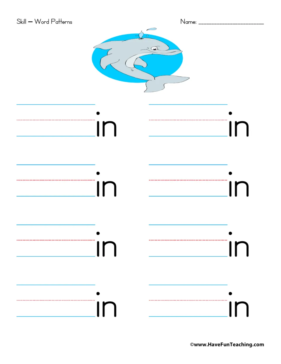 Word family practice for -in: eight prompts to add beginning sounds and build words ending in -in.
