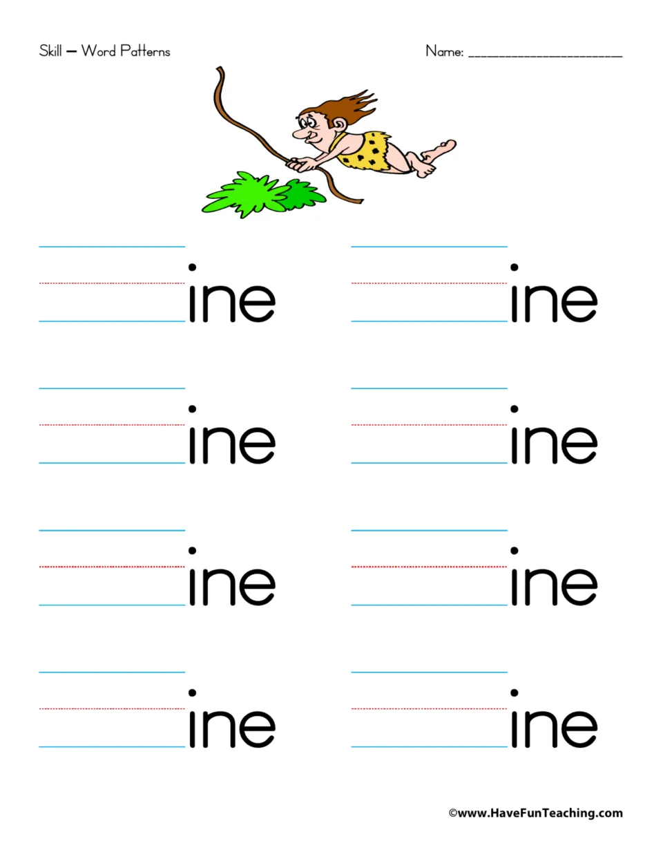 Word family practice for -ine: eight prompts to add beginning sounds and build words ending in -ine.