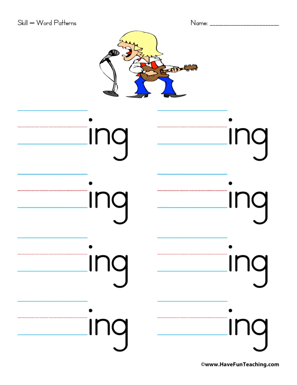 Word family practice for -ing: eight prompts to add beginning sounds and build words ending in -ing.
