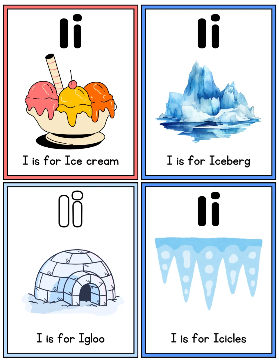 Color letter I flashcards: Ii above pictures of ice cream, an iceberg, an igloo and icicles, each with an I is for label
