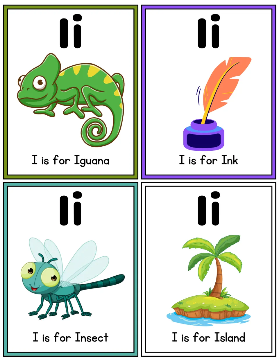 More color letter I flashcards: Ii above an iguana, ink and quill, a dragonfly insect and an island with a palm tree