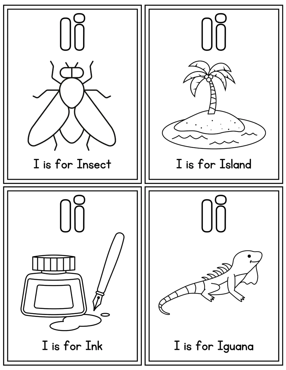 Black-and-white letter I cards to color: outlined Ii above an insect, island, ink bottle and iguana, each with its word