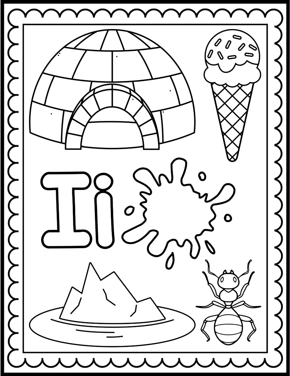 Letter I coloring page: a bubble-letter Ii surrounded by an igloo, ice cream cone, ink splat, iceberg and insect