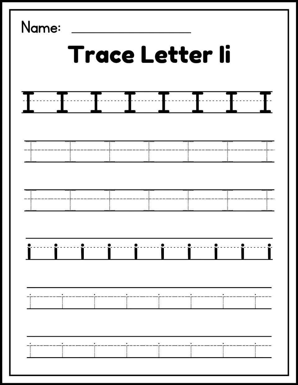 Trace Letter Ii handwriting: students trace dotted uppercase I and lowercase i rows after a solid model row of each