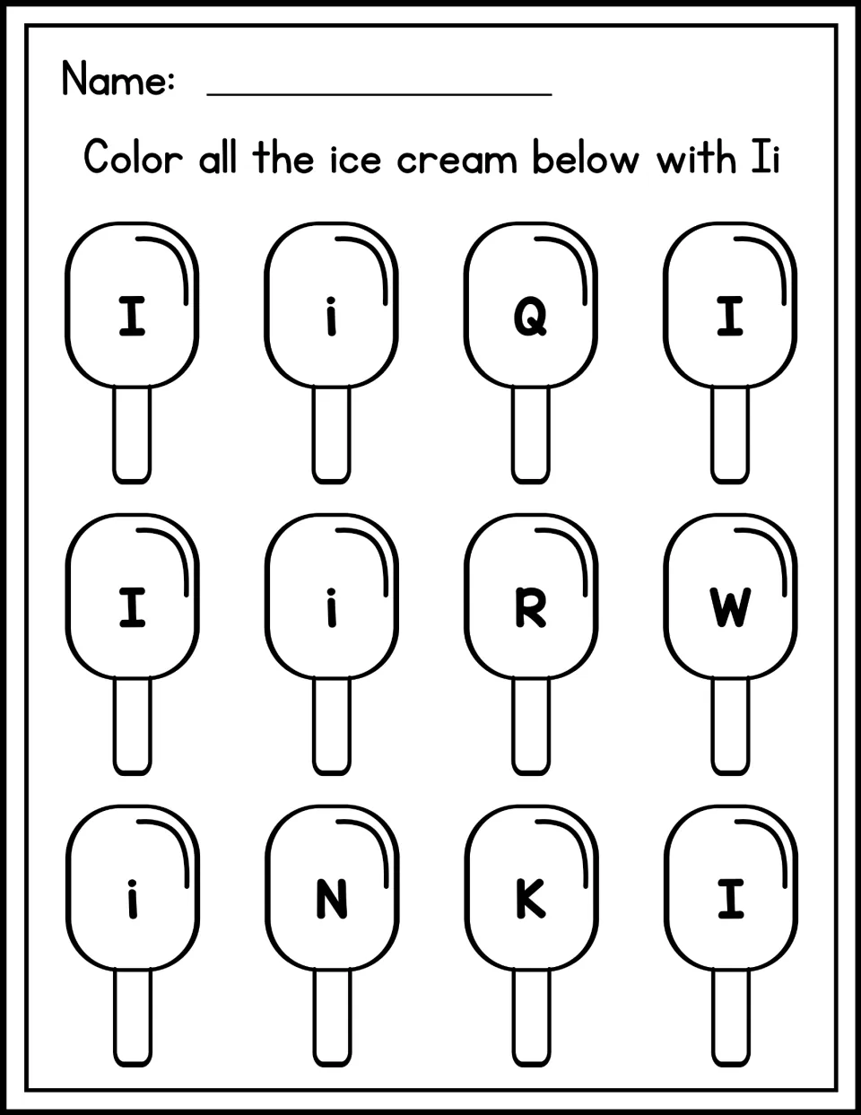 Letter I recognition: students color each ice pop showing I or i and skip those with Q, R, W, N or K among 12 ice pops