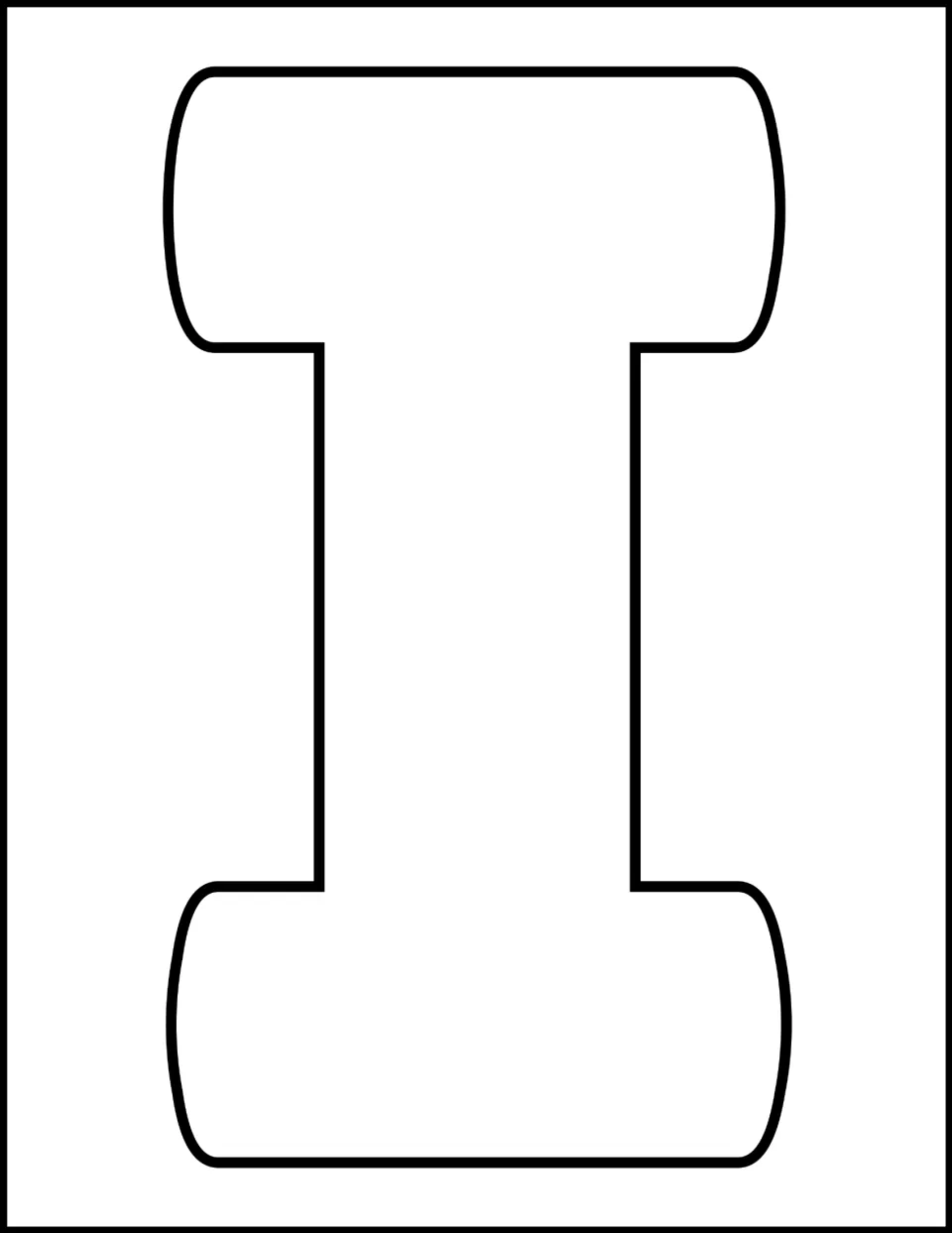 Letter I template: one large blank outline of a capital I filling the page for students to color or decorate