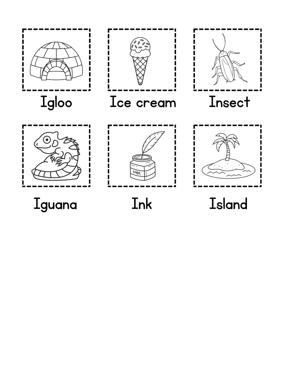 Cut-out picture cards for letter I: igloo, ice cream, insect, iguana, ink and island drawings, each named below