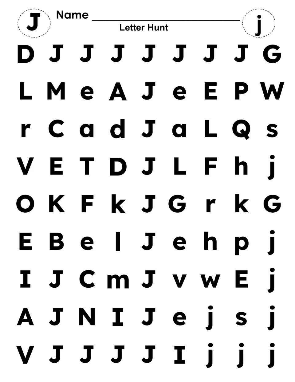 J and j letter hunt: students find and color each capital J and lowercase j among mixed letters to practise recognition