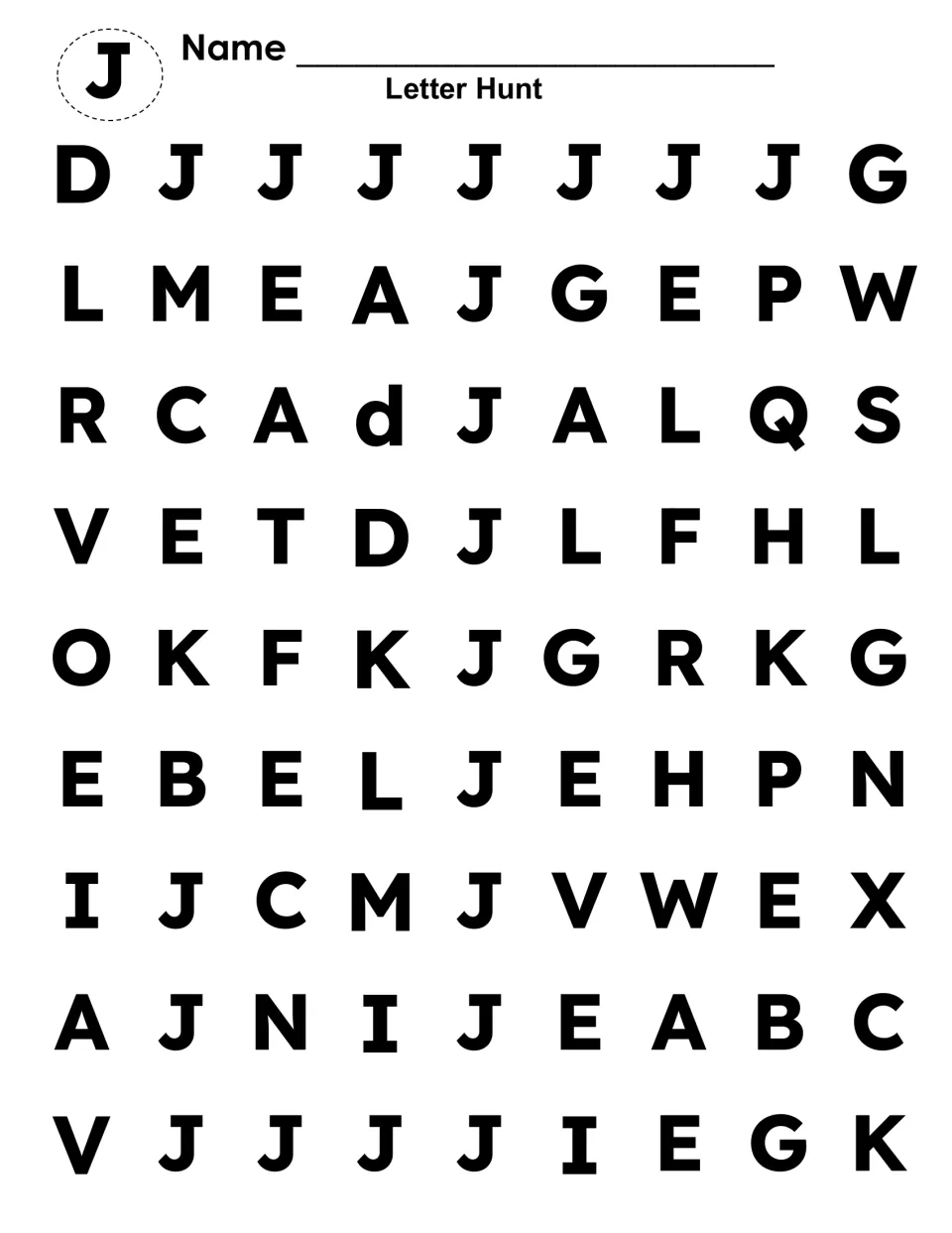 Capital J letter hunt: students search rows of mostly capital letters and color every J they find, practising letter recognition