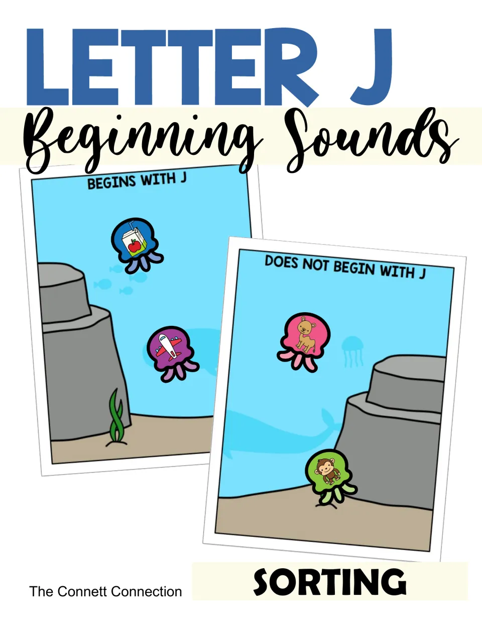 Letter J Beginning Sounds sorting cover: two ocean mats, Begins With J and Does Not Begin With J, with jellyfish cards