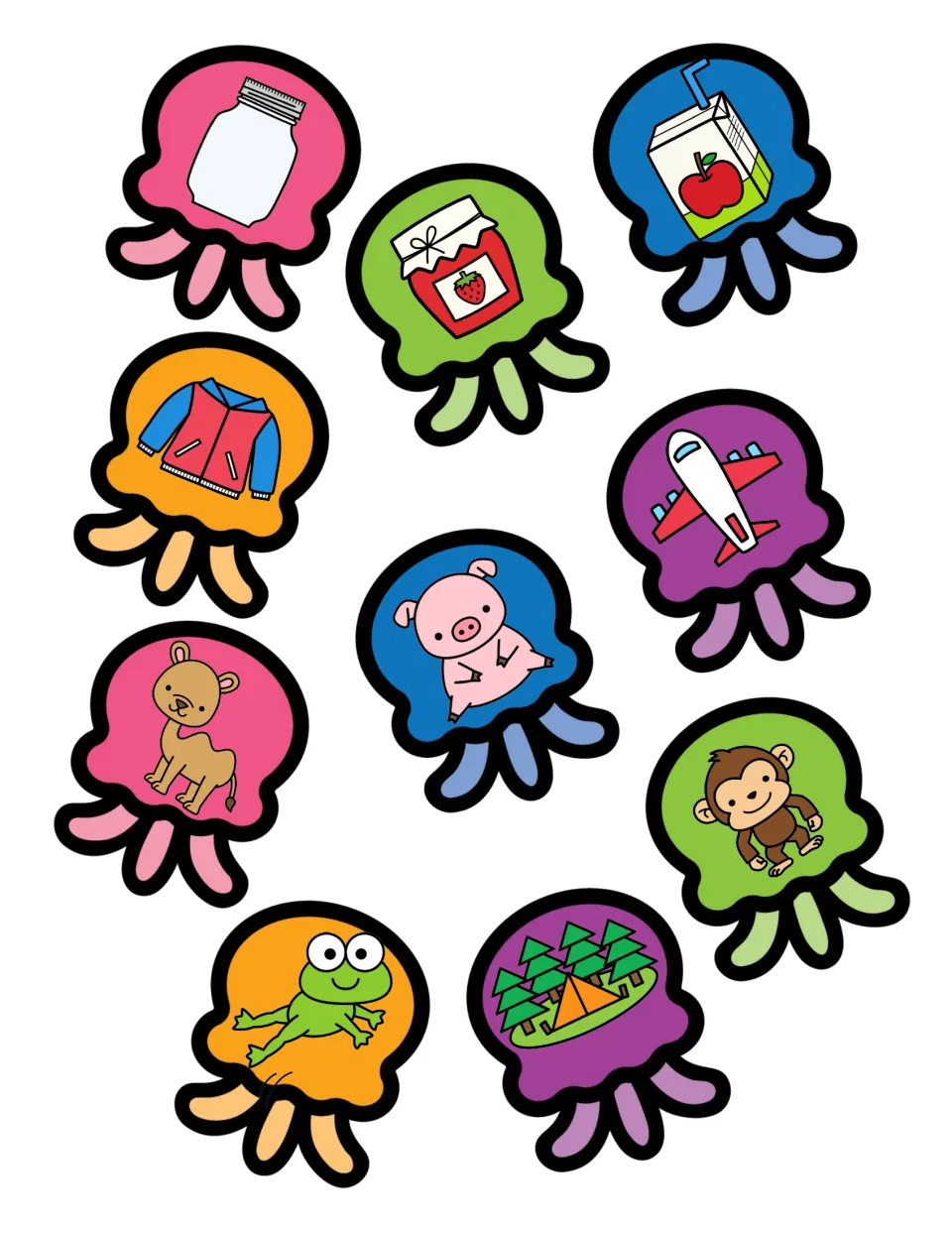 Beginning sound J picture cards: 10 jellyfish cut-outs showing a jar, jam, juice box, jacket, pig, camel, monkey and frog