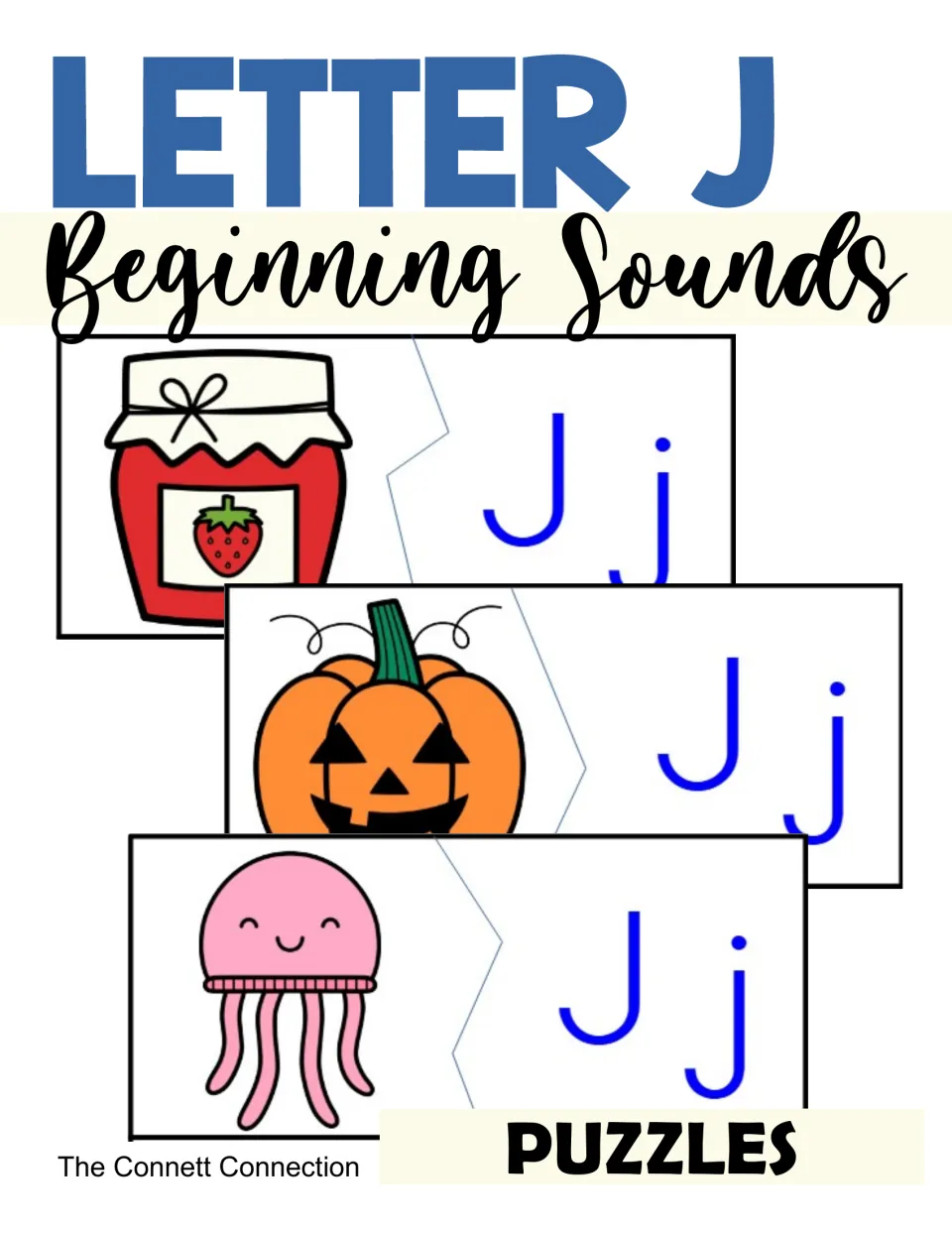 Cover for Letter J beginning sounds puzzles: jam, jack-o'-lantern and jellyfish pictures each paired with a Jj half
