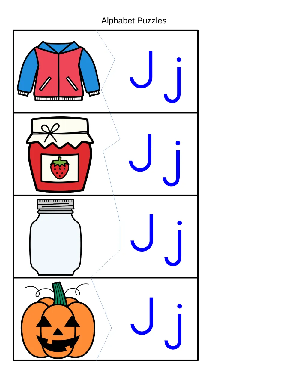 Two-piece Jj puzzles: students cut and match jacket, jam, jar and jack-o'-lantern pictures to the Jj letter halves