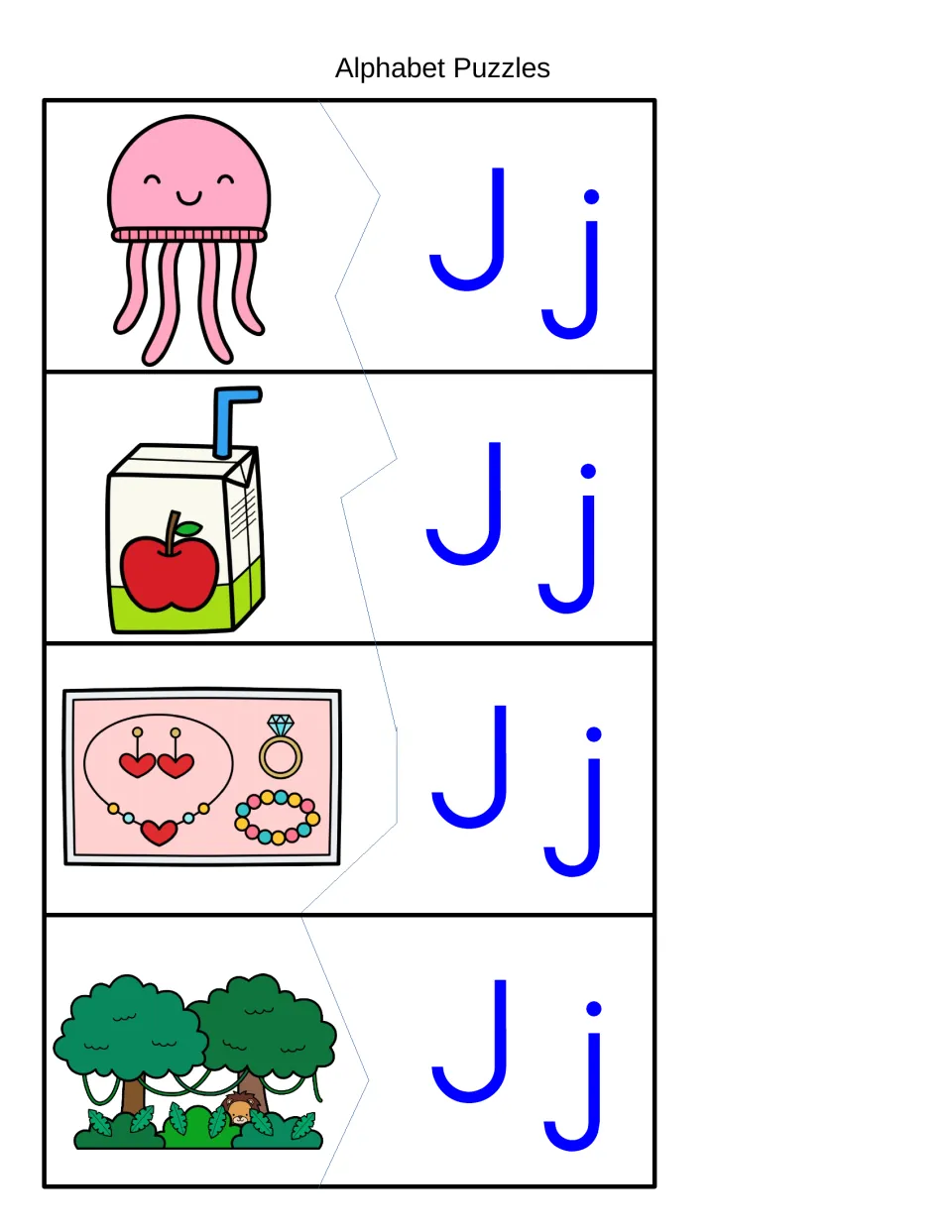 Jj picture puzzles for the /j/ sound: jellyfish, juice box, jewelry and jungle pictures join to matching Jj halves