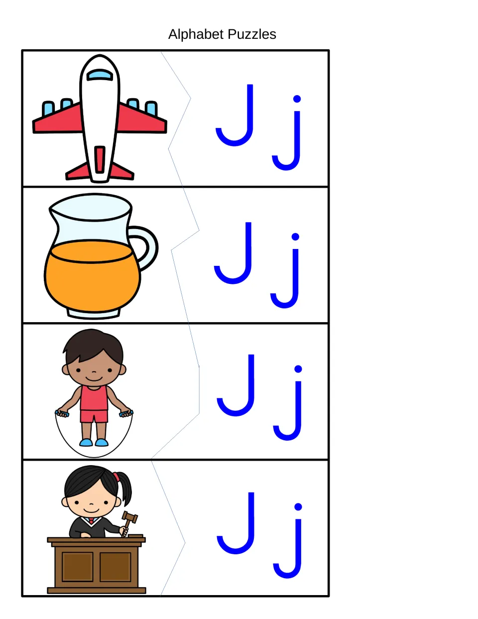 Beginning sound J puzzles: students match jet, juice pitcher, jump rope and judge pictures to Jj letter pieces
