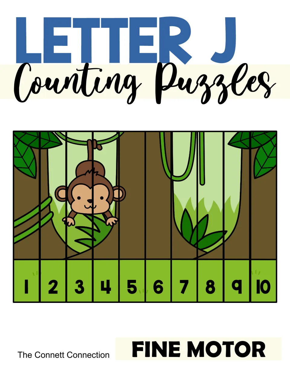 Letter J Counting Puzzles cover: jungle monkey picture cut into 10 strips numbered 1 to 10 to order, labeled Fine Motor