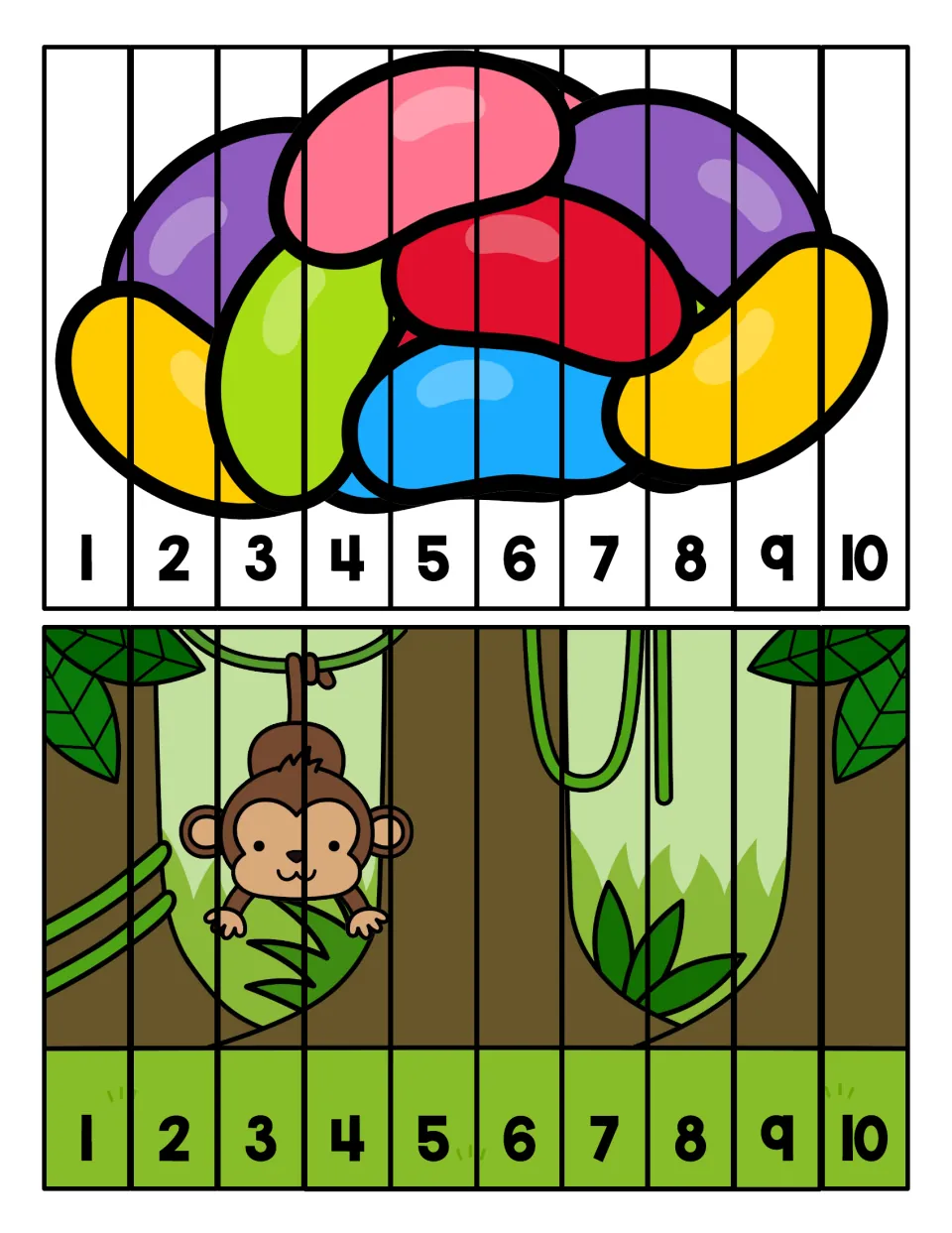Jelly bean and jungle monkey puzzles: students cut apart 10 strips and order them 1 to 10 to rebuild each picture