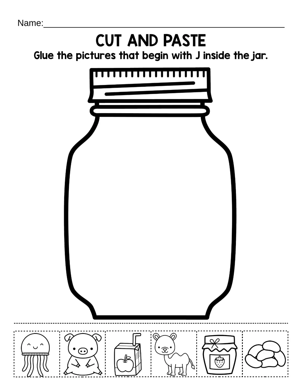 Beginning sound J: students cut out pictures like jellyfish, juice, jam and jelly beans and glue J words inside a jar