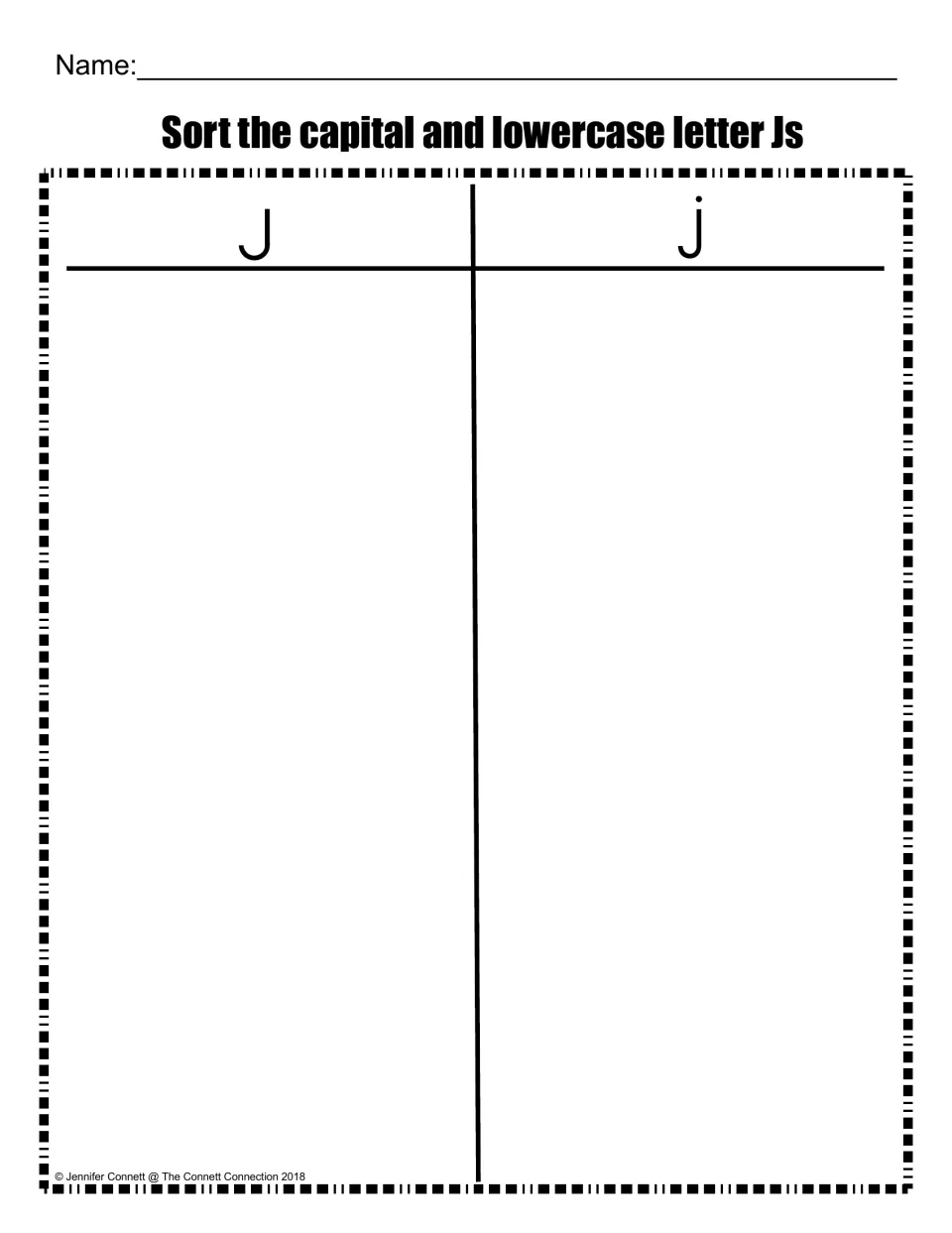 Capital and lowercase J sort: students place letters under the J heading or the j heading to tell the two forms apart