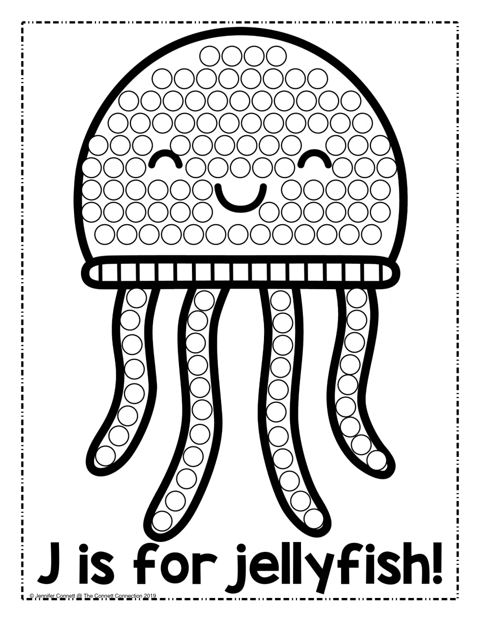 J is for jellyfish: students dab a dot marker in each circle on a smiling jellyfish to practise the letter J sound