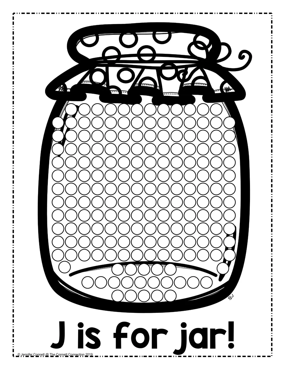 J is for jar: children fill the circles inside a lidded jar with dot paint while linking the word jar to the letter J