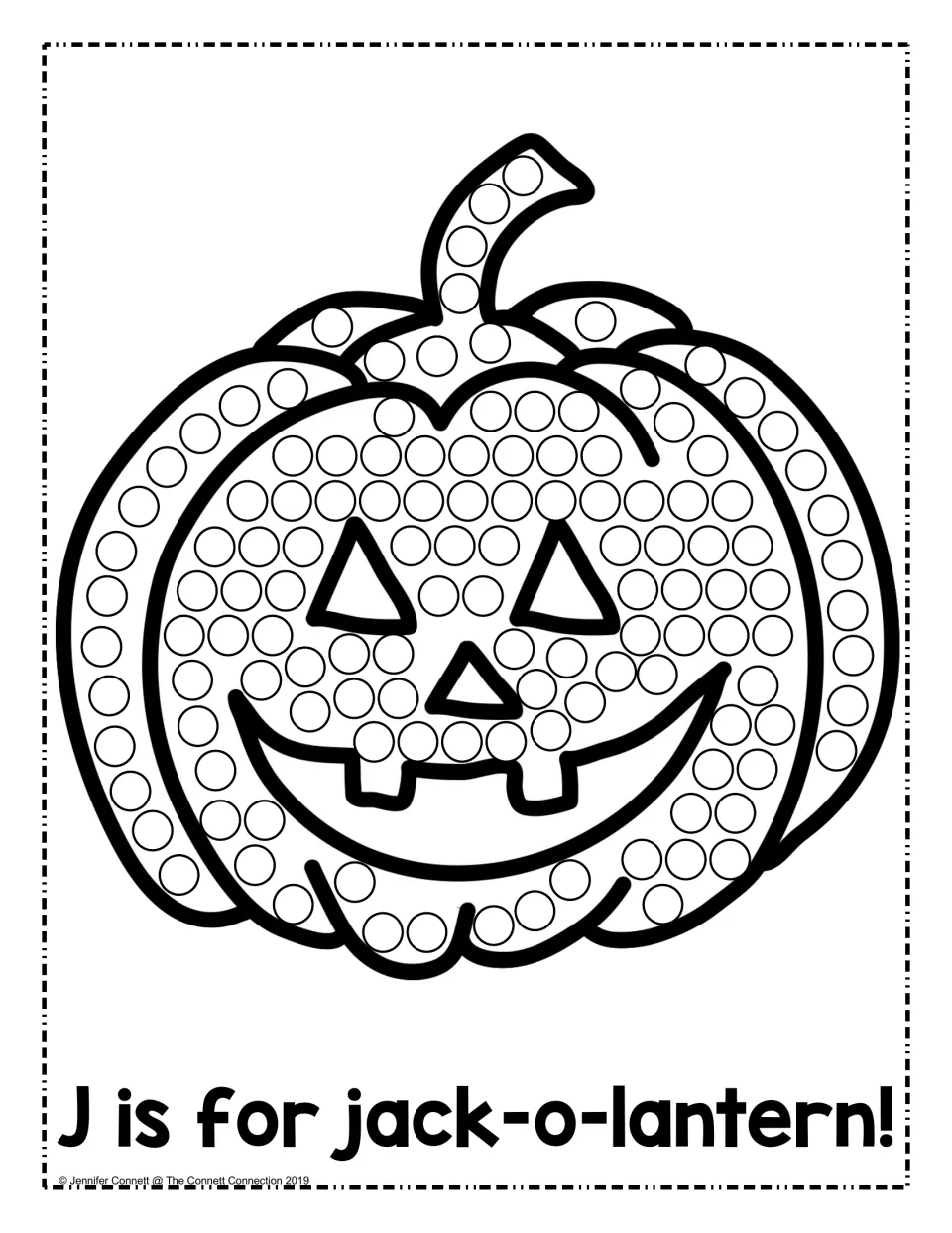 J is for jack-o-lantern: students dot-paint the circles on a grinning pumpkin face to connect J with jack-o-lantern