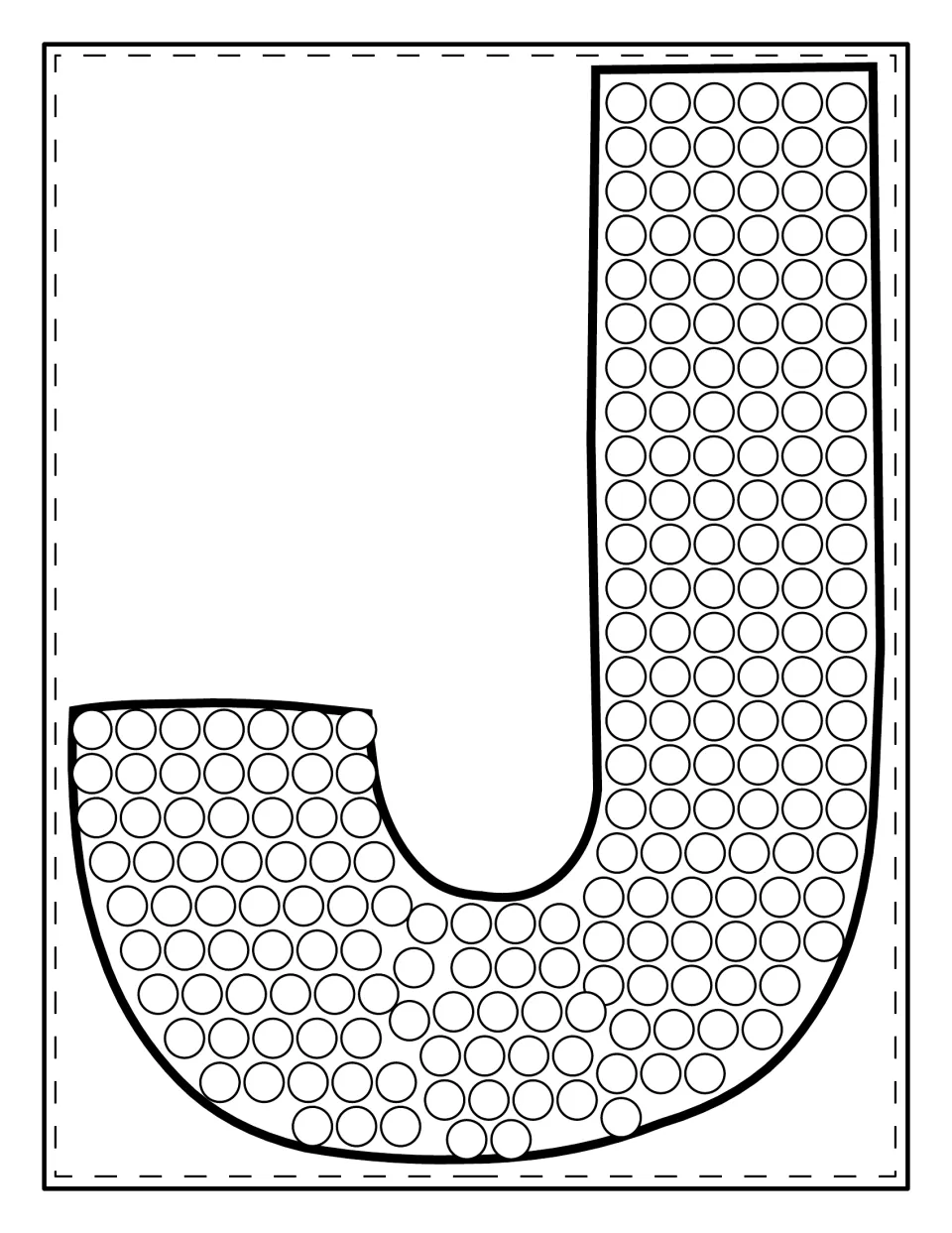 Large uppercase J filled with circles for dot markers, so children trace the capital letter's shape by dabbing each dot