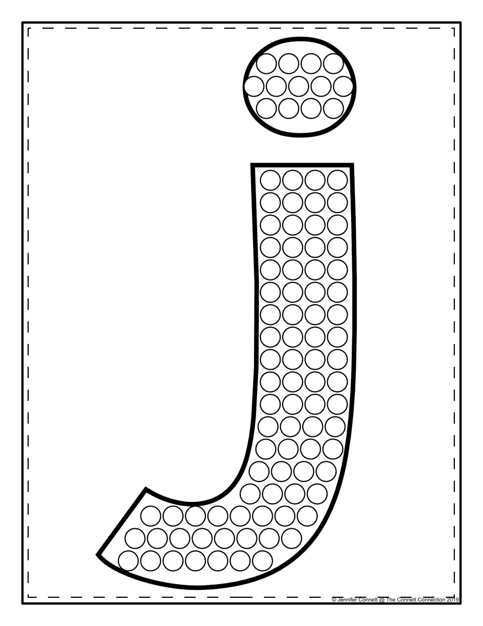 Large lowercase j with a round dot on top, filled with circles for children to dab with paint to learn its form