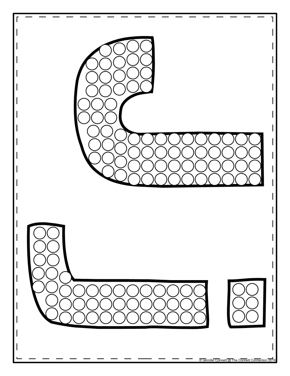 Uppercase J and lowercase j turned sideways, filled with circles for dot painting to spot letters in a new orientation