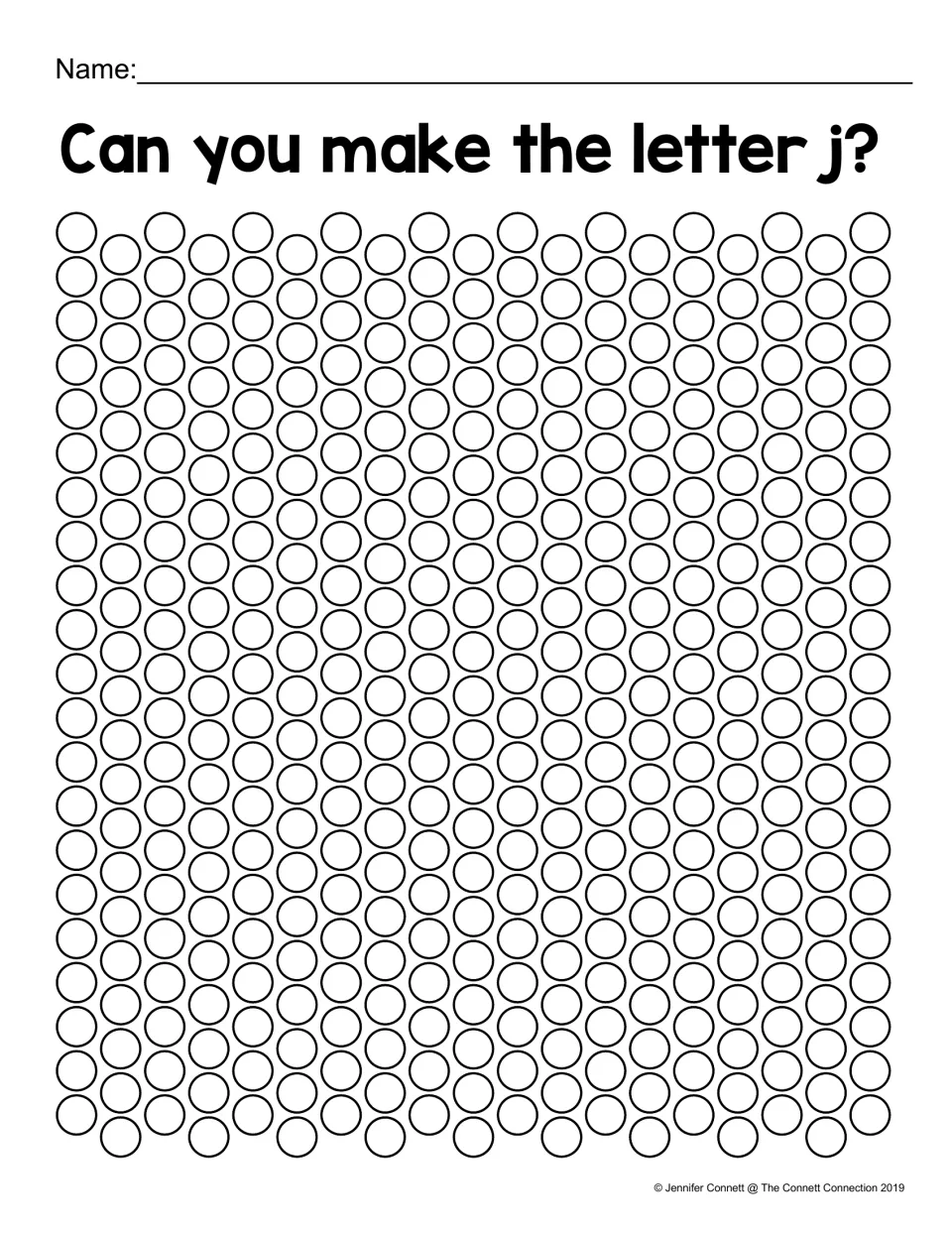 Can you make the letter j? Children use dot markers on rows of circles to create a lowercase j freehand