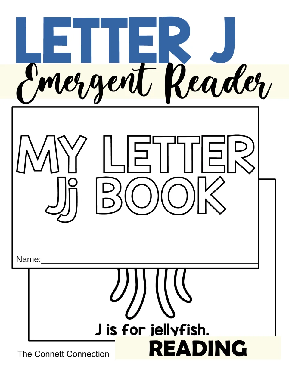 Letter J Emergent Reader cover showing the My Letter Jj Book title page and a jellyfish page reading J is for jellyfish